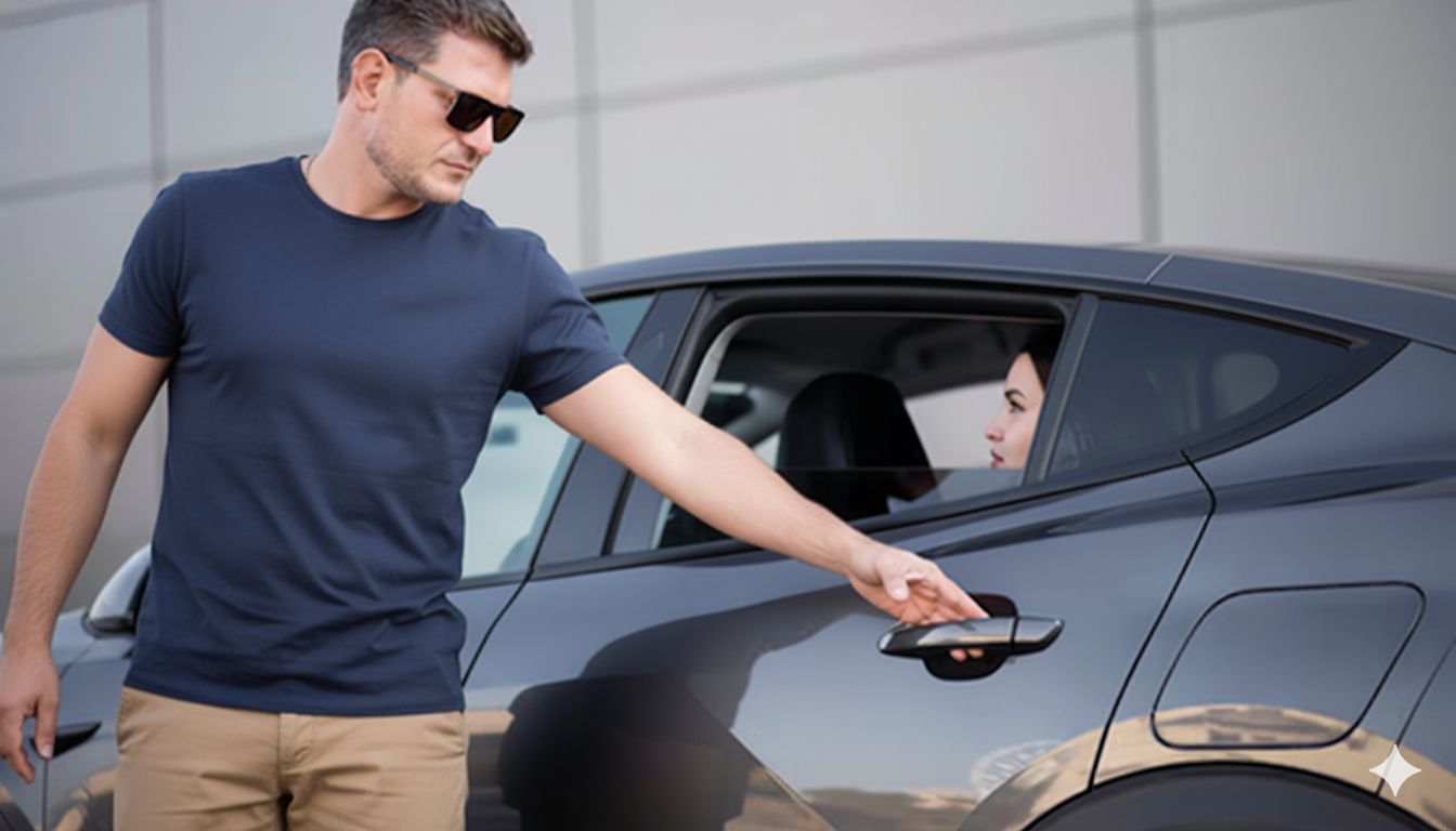 A professional driver opening the car door for a passenger.